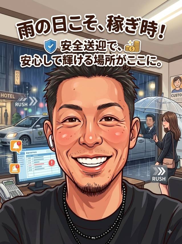  * 「雨でも濡れずに安心移動♪当店自慢の『安全送迎サポート』で、天気を気にせず稼ごう！」